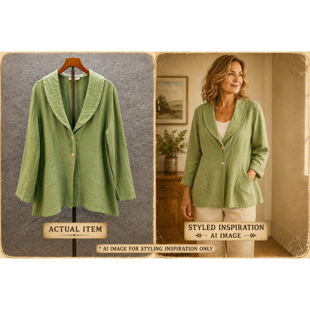 Bryn Walker Linen Jacket Womens L Shawl Collar Green Blue Lagenlook Excellent